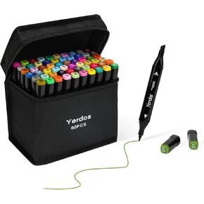 Yerdos 24 Color Alcohol Marker Pens for Coloring Art Markers for Kids, Adults, Duals Tip Marker Set for Coloring sketching Card Making Illustration (24 Black Shell)