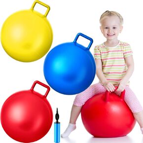 Lewtemi 3 Pcs 22 Inch Bouncing Ball with Handle, Outdoors Hopper Jumping Hopping Ball and Air Pump for Sports School Games Exercise (Red, Blue, Yellow)