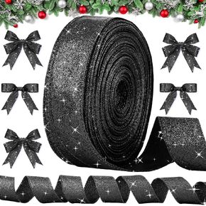Unittype 50 Yard Glitter Ribbons Wired Edge Ribbon 1.5 Inch Metallic Decorative Ribbons for Valentine's Day Holiday Bows Gifts Wrapping Home DIY Crafts Supplies Party Decor(Black)