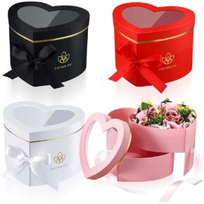 Gueevin 4 Pcs Heart Shaped Box Heart Boxes for Flowers Floral Gift Box with Lids Valentine's Day Gift Box Mother's Day Paper Boxes Double Layer Rotating Box for Luxury Style Flower Gift (Black, Pink)