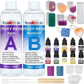 FansArriche Epoxy Resin Kit, 18.5 Oz Crystal Clear Resin Kits for Beginners, Resin and Hardener Starter Kit with Pigment, Glitter, Key Chains, Moulds for Casting Art DIY Craft, Jewelry Making Kit in Kuwait