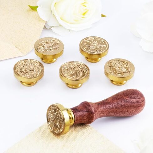 مجموعة طوابع ختم الشمع من AJulyBee، 6 قطع من رؤوس طوابع الشمع النحاسية + 1 مقبض خشبي، مجموعة ختم الشمع للبطاقات والأظرف وتغليف الهدايا، مجموعة ختم الشمع مع نمط زهرة نباتية وحيوانية in Kuwait