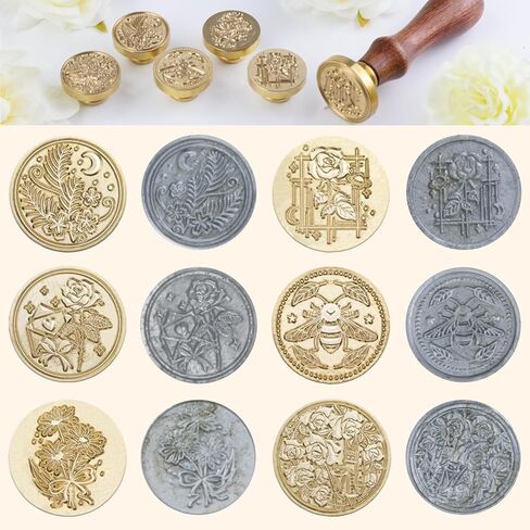 مجموعة طوابع ختم الشمع من AJulyBee، 6 قطع من رؤوس طوابع الشمع النحاسية + 1 مقبض خشبي، مجموعة ختم الشمع للبطاقات والأظرف وتغليف الهدايا، مجموعة ختم الشمع مع نمط زهرة نباتية وحيوانية in Kuwait