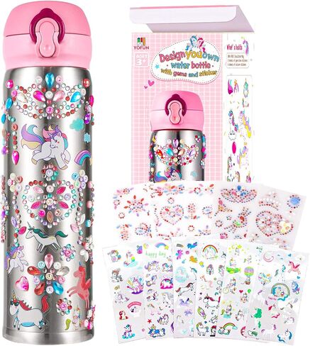 YOFUN Decorate Your Own Water Bottle with 11 Sheets of Unicorn Stickers & Glitter Gems, Craft Kit & Art Kit for Children, Gift for Girls Age 4 5 6 7 8 9 10 Years Old Kids, BPA Free Insulated (Pink) in Kuwait