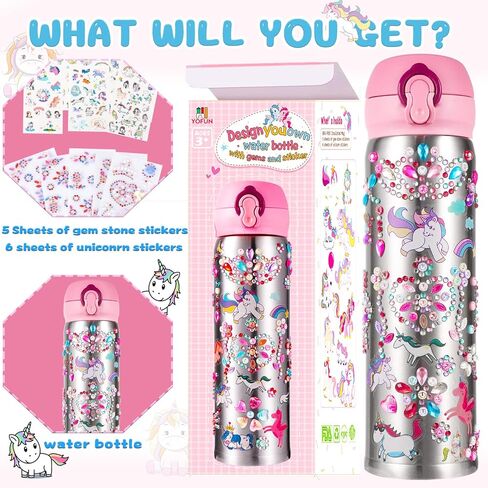 YOFUN Decorate Your Own Water Bottle with 11 Sheets of Unicorn Stickers & Glitter Gems, Craft Kit & Art Kit for Children, Gift for Girls Age 4 5 6 7 8 9 10 Years Old Kids, BPA Free Insulated (Pink) in Kuwait