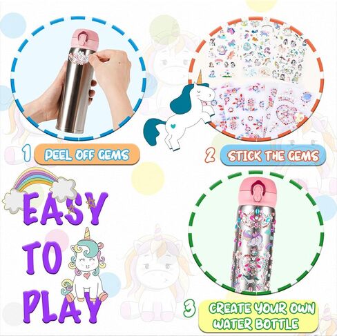 YOFUN Decorate Your Own Water Bottle with 11 Sheets of Unicorn Stickers & Glitter Gems, Craft Kit & Art Kit for Children, Gift for Girls Age 4 5 6 7 8 9 10 Years Old Kids, BPA Free Insulated (Pink) in Kuwait