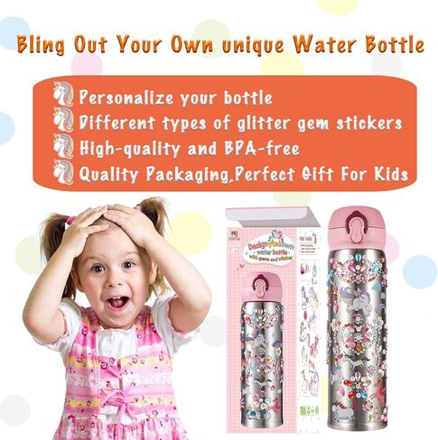 YOFUN Decorate Your Own Water Bottle with 11 Sheets of Unicorn Stickers & Glitter Gems, Craft Kit & Art Kit for Children, Gift for Girls Age 4 5 6 7 8 9 10 Years Old Kids, BPA Free Insulated (Pink) in Kuwait