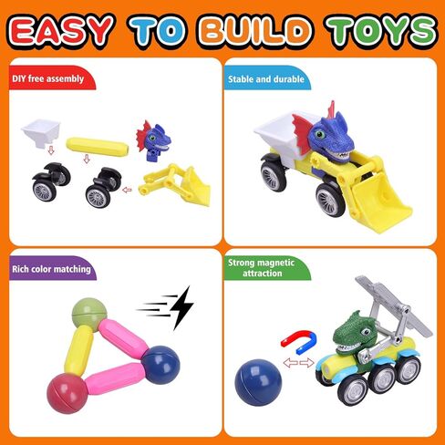 مجموعة سيارات لعبة الديناصورات المغناطيسية من ALLROAD، سيارات دينو مغناطيسية للبناء، سيارات لعبة مغناطيسية، شاحنات الديناصورات الملونة، لعبة مونتيسوري الجذعية لتطوير المهارات، ألعاب الديناصورات هدية للأولاد والبنات in Kuwait