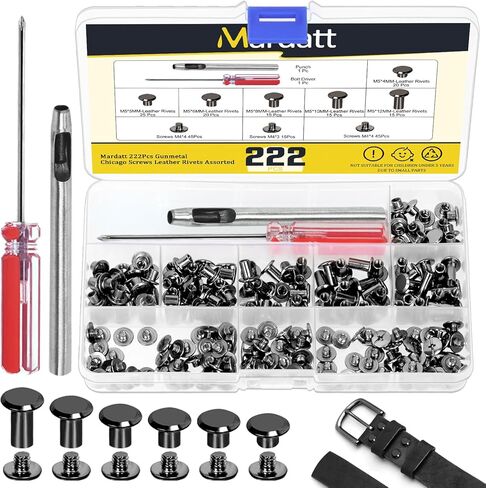 Mardatt 222 قطعة 6 أحجام براغي شيكاغو مجموعة متنوعة مع أدوات الإعداد، M5 X 4/5/6/8/10/12 مم مسامير جلدية M5 شيكاغو مسامير مسامير لإصلاح الحرف الجلدية DIY (أسود) in Kuwait