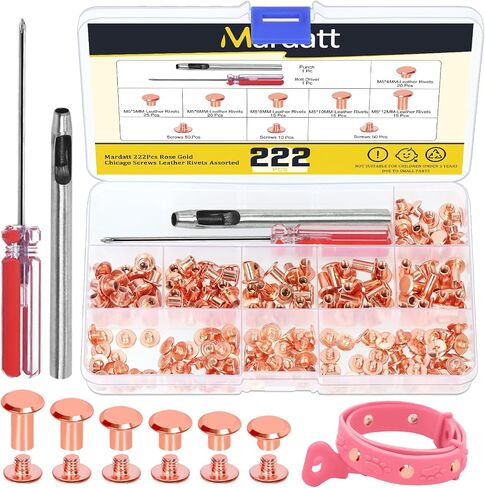 Mardatt 222 قطعة 6 أحجام براغي شيكاغو مجموعة متنوعة مع أدوات الإعداد، M5 X 4/5/6/8/10/12 مم مسامير جلدية M5 شيكاغو مسامير مسامير لإصلاح الحرف الجلدية DIY (أسود) in Kuwait