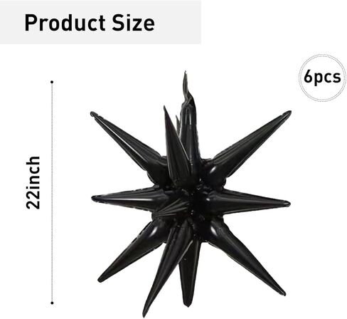 6 Pcs Black Star Foil Balloons One-Piece 14-Pointed Star Balloons 4D Starburst Cone Mylar Balloons 22inch Christmas Birthday Wedding Wedding Anniversary Party Supplies(Black) in Kuwait