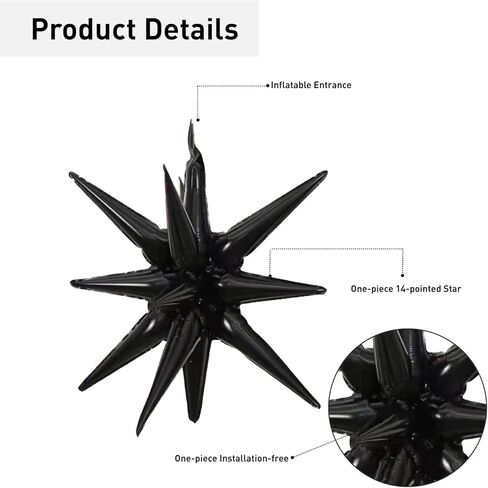 6 Pcs Black Star Foil Balloons One-Piece 14-Pointed Star Balloons 4D Starburst Cone Mylar Balloons 22inch Christmas Birthday Wedding Wedding Anniversary Party Supplies(Black) in Kuwait