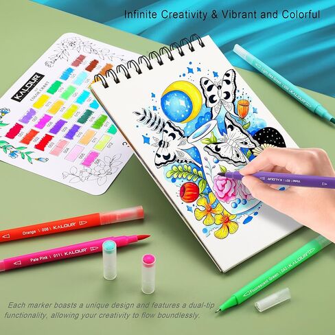 مجموعة أقلام تحديد فنية KALOUR 79، طرف مزدوج (فرشاة ونقطة رفيعة)، رقم اللون واسم اللون، قلم تحديد فني لتلوين حروف الخط ورسم يوميات، حافظة بسحاب، هدية للأطفال البالغين المبتدئين in Kuwait