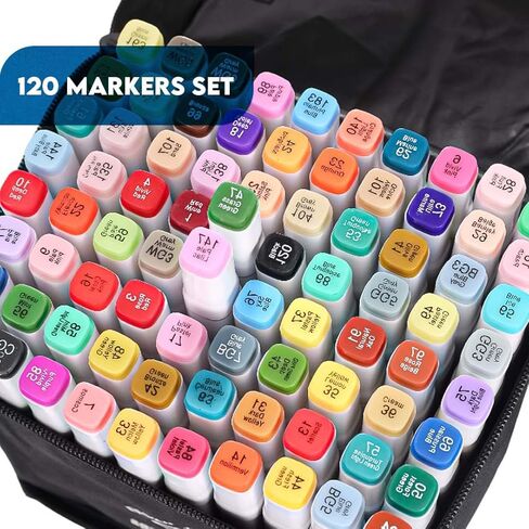 JACK BROWN 120 Colors Alcohol Markers Set with Fine & Chisel Dual Tip - Professional Art Markers for Adults & Kids, Perfect for Drawing, Sketching, Coloring & Animation - Includes Durable Marker Case in Kuwait