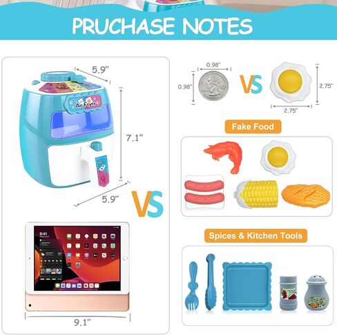 لعبة مقلاة هوائية، مجموعة إكسسوارات مطبخ للعب للأطفال الصغار - مجموعة ألعاب مطبخ للأطفال مع موسيقى وأطعمة متغيرة الألوان، ألعاب مطبخ للأطفال بعمر 2 3 4 5+ لعب تظاهري، هدية رائعة للأولاد والبنات in Kuwait