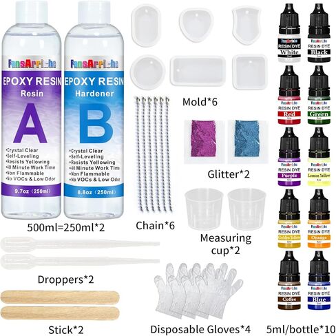 FansArriche Epoxy Resin Kit, 18.5 Oz Crystal Clear Resin Kits for Beginners, Resin and Hardener Starter Kit with Pigment, Glitter, Key Chains, Moulds for Casting Art DIY Craft, Jewelry Making Kit in Kuwait