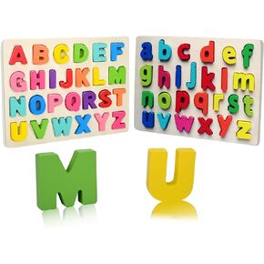 Alphabet Puzzle Wooden Puzzles for Toddlers 3 4 5 6 Year Old,Preschool Educational for Girls Boys, Wooden ABC Alphabet Number Shape Learning Puzzles Toys with Puzzle Board & Letter Blocks