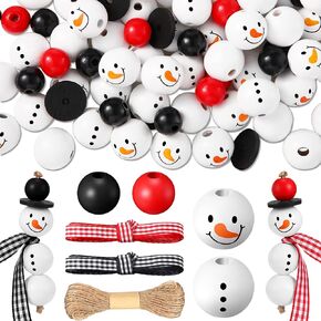 Yulejo 180 Piece Christmas Snowman Wooden Bead Winter Wooden Bead Christmas Buffalo Plaid Wood Round Bead Christmas Print Wooden Beads with DIY Twine Scarf Wooden Beads for Crafts(Vivid Color)