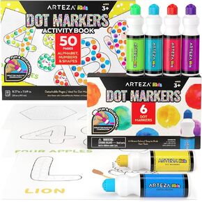 Arteza Kids Dot Markers and Kids Activity Book, 6 Nontoxic Bingo Daubers, 50-Page 8.27 x 11.69 Inches Fun Coloring Book, School Supplies for Educational Activities, Birthday Gifts for Boys and Girls