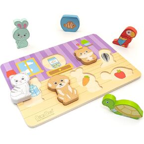 Bimi Boo Wooden Pets Themed Chunky Puzzles for Kids, Set of 7 Durable Pieces for Toddlers Ages 2-4 - Natural & Safe