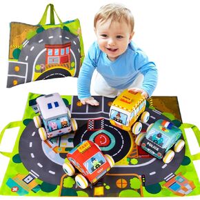 مجموعة ألعاب سيارة للأطفال من القطيفة الناعمة مع بساط لعب (حقيبة تخزين)، للأطفال الصغار من سن 1 سنتين إلى 3 سنوات in Kuwait