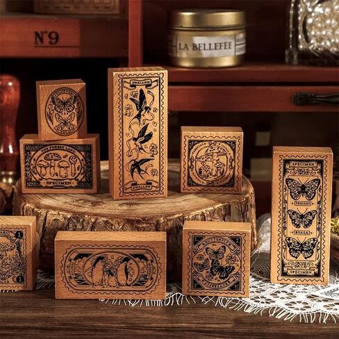 Tvoip 9Pcs/Set Vintage Mushroom Swallow Butterfly Penguin Decoration Stamp Wooden Rubber Stamps for Scrapbooking Stationery DIY Craft Standard Stamp in Saudi Arabia