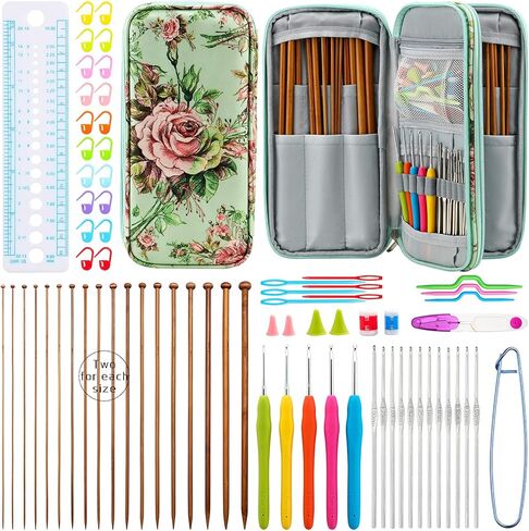 KOKNIT 36 قطعة 9.65 بوصة مجموعة إبر الحياكة الخيزران المدببة المستقيمة و17 قطعة مجموعة خطافات كروشيه مريحة مع حقيبة تخزين باه، لوازم الحياكة أدوات وإكسسوارات الكروشيه للمبتدئين in Kuwait