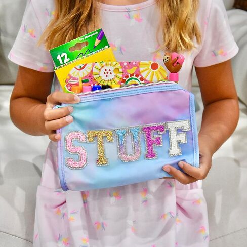 فروج ساك شنطة بريبي ستاف للاطفال، مقلمة لامعة برقعة حروف فارسيتي للاطفال، حقائب بسحاب مصبوغة بالربط بلون بينك وارجواني وازرق للفتيات المراهقات للعودة الى المدرسة in Kuwait