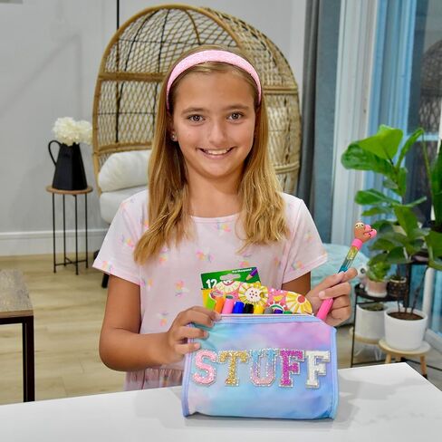 فروج ساك شنطة بريبي ستاف للاطفال، مقلمة لامعة برقعة حروف فارسيتي للاطفال، حقائب بسحاب مصبوغة بالربط بلون بينك وارجواني وازرق للفتيات المراهقات للعودة الى المدرسة in Kuwait