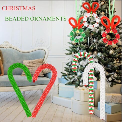 Christmas Tri Beaded Ornaments Kit 1830 Pcs Xmas Christmas Hanging Decoration including 1500 Pcs PlasticTri Beads 200 Pcs Pony Beads 50 Pcs Chenille Stems 72.2ft Green Ribbons 80 Pcs small bell in Kuwait