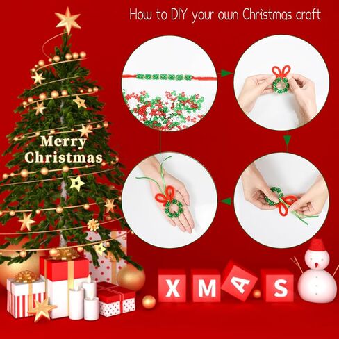 Christmas Tri Beaded Ornaments Kit 1830 Pcs Xmas Christmas Hanging Decoration including 1500 Pcs PlasticTri Beads 200 Pcs Pony Beads 50 Pcs Chenille Stems 72.2ft Green Ribbons 80 Pcs small bell in Kuwait