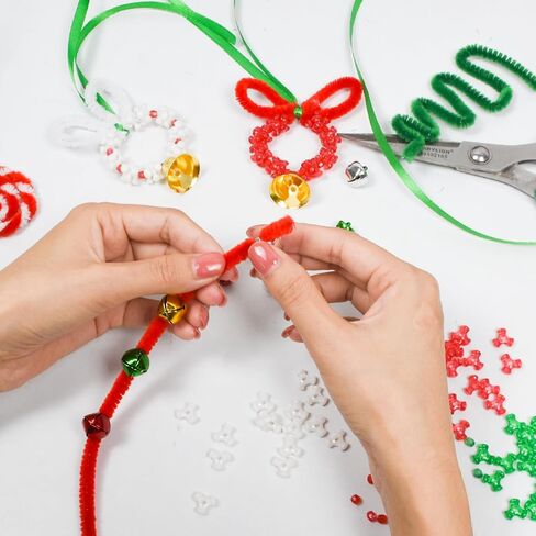 Christmas Tri Beaded Ornaments Kit 1830 Pcs Xmas Christmas Hanging Decoration including 1500 Pcs PlasticTri Beads 200 Pcs Pony Beads 50 Pcs Chenille Stems 72.2ft Green Ribbons 80 Pcs small bell in Kuwait