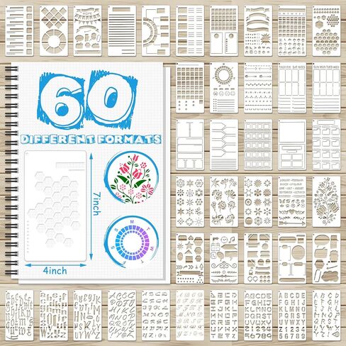 60 Pcs Journal Stencils Planner Stencils Plastic Drawing Stencils Letter and Number Stencils DIY Drawing Templates for A5 Journal Scrapbooking Notebook Painting Calendars Schedule Supplies, 4 x 7 Inch in Saudi Arabia
