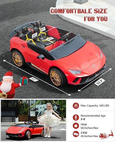 سيارة ركوب ELEMARA بمقعدين، سيارة لامبورغيني كهربائية أكبر مقاس 20.5 بوصة، سيارة بطارية 12 فولت 10 أمبير للأطفال مع جهاز تحكم عن بعد للوالدين، 3 سرعات، بلوتوث، ضوء LED، بحد أقصى 4.0 ميل في الساعة، سيارة كهربائية للفتيات 3-8، وردي in Kuwait