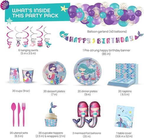 مجموعة لوازم حفلات حورية البحر من ماي غريكا - (تخدم 20 شخصًا) - زينة عيد ميلاد حورية البحر للفتيات - بالونات كبيرة من رقائق حورية البحر وأطباق وأكواب وأغطية وأغطية الكب كيك ولافتة عيد ميلاد سعيد وغطاء طاولة in Kuwait