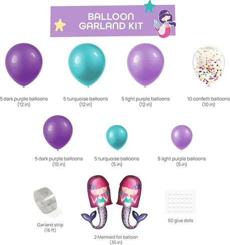 مجموعة لوازم حفلات حورية البحر من ماي غريكا - (تخدم 20 شخصًا) - زينة عيد ميلاد حورية البحر للفتيات - بالونات كبيرة من رقائق حورية البحر وأطباق وأكواب وأغطية وأغطية الكب كيك ولافتة عيد ميلاد سعيد وغطاء طاولة in Kuwait