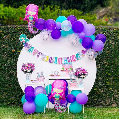 مجموعة لوازم حفلات حورية البحر من ماي غريكا - (تخدم 20 شخصًا) - زينة عيد ميلاد حورية البحر للفتيات - بالونات كبيرة من رقائق حورية البحر وأطباق وأكواب وأغطية وأغطية الكب كيك ولافتة عيد ميلاد سعيد وغطاء طاولة in Kuwait