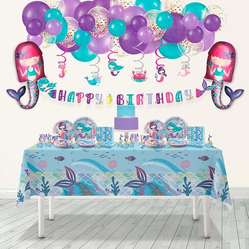 مجموعة لوازم حفلات حورية البحر من ماي غريكا - (تخدم 20 شخصًا) - زينة عيد ميلاد حورية البحر للفتيات - بالونات كبيرة من رقائق حورية البحر وأطباق وأكواب وأغطية وأغطية الكب كيك ولافتة عيد ميلاد سعيد وغطاء طاولة in Kuwait