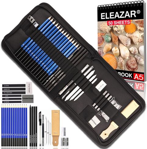 ELEAZAR35 Drawing Pencil Set in a portable zippered case (with 50-page A5 sketchbook) Includes sketching pencils and accessories for children, adults, beginners and professionals in Kuwait