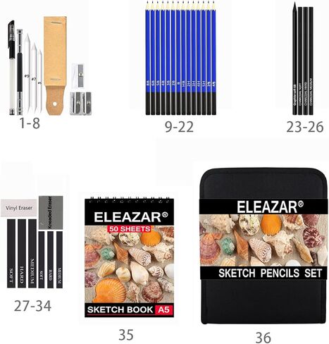 ELEAZAR35 Drawing Pencil Set in a portable zippered case (with 50-page A5 sketchbook) Includes sketching pencils and accessories for children, adults, beginners and professionals in Kuwait