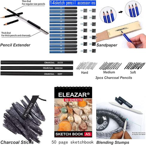 ELEAZAR35 Drawing Pencil Set in a portable zippered case (with 50-page A5 sketchbook) Includes sketching pencils and accessories for children, adults, beginners and professionals in Kuwait