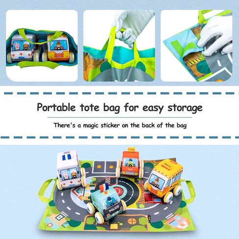 مجموعة ألعاب سيارة للأطفال من القطيفة الناعمة مع بساط لعب (حقيبة تخزين)، للأطفال الصغار من سن 1 سنتين إلى 3 سنوات in Kuwait