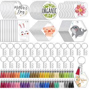 300 قطعة من سلاسل المفاتيح الاكريليك الشفافة، 6 اشكال فارغة من الاكريليك بالجملة، سلاسل مفاتيح جلدية شراشيب سلاسل مفاتيح حلقات القفز لراتنج الفينيل والحرف اليدوية والحلي والنقش (عظم مستطيل مربع على in Kuwait