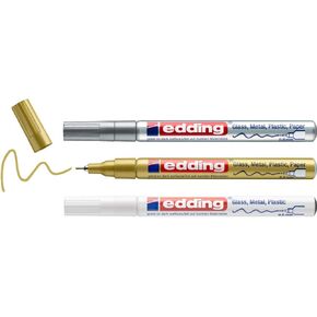 Edding 780 gloss paint marker - white, gold, silver - set of 3 paint markers - extra-fine round nib 0.8 mm - paint pen for glass, pebbles, wood, plastic, paper - waterproof, high coverage