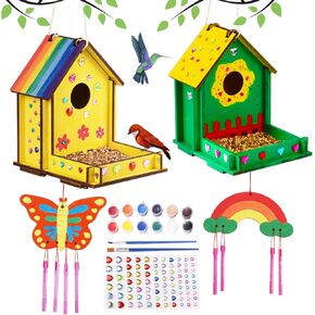 Kids Arts and Crafts for Outdoor,2 Pack Bird Feeder Wind Chime Kits for Children to Build and Paint, DIY Unfinished Wood STEM Painting Activities Crafts Toys for Boys Girls Ages 3-5 4-8 8-12 6-8