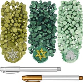 300 Pieces Sealing Wax Beads Christmas Octagon Metallic Sealing Wax Beads with Gold or Silver Metallic Pen for Postcards Envelope Card Holiday Decoration (Pine Green, Tender Green, Mustard Green)