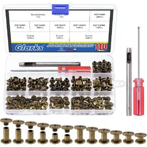 Glarks 110 Sets 6 Sizes Chicago Screws Leather Rivets with Punch and Screwdriver Kit, M5 x 4/5/6/8/10/12mm Chicago Button Binding Post Screw Nail Rivets for DIY Leather Craft Bookbinding (Silver) in Kuwait