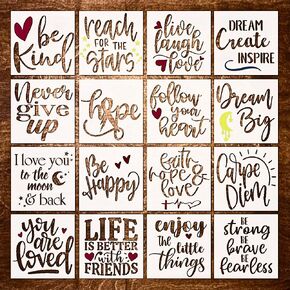 16 Piece Inspirational Word Stencil Set - Stencils for Painting on Wood - Quotes Include Dream, Faith Hope Love - Stencils for Painting on Canvas, Stencils for Crafts Reusable for Signs and Fabric