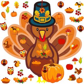 37 Pieces Fall Thanksgiving Felt Craft Kit DIY Turkey Pumpkin Felt Set with 36 Detachable Fall Maple Leaves Squirrel Pine Cones Corns Ornaments for Kids Present Classroom Craft(Delicate Style)
