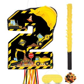 Small Number 2 Pinata Pull String for Construction Birthday Party Supplies Boys Construction Pinata with Blindfold Stick Confetti Two Excavator Truck Pinata for Construction Themed 2nd Party Decor in Saudi Arabia
